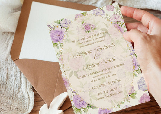 Purple Vintage Peony Wedding Invitation - Mintyinvites