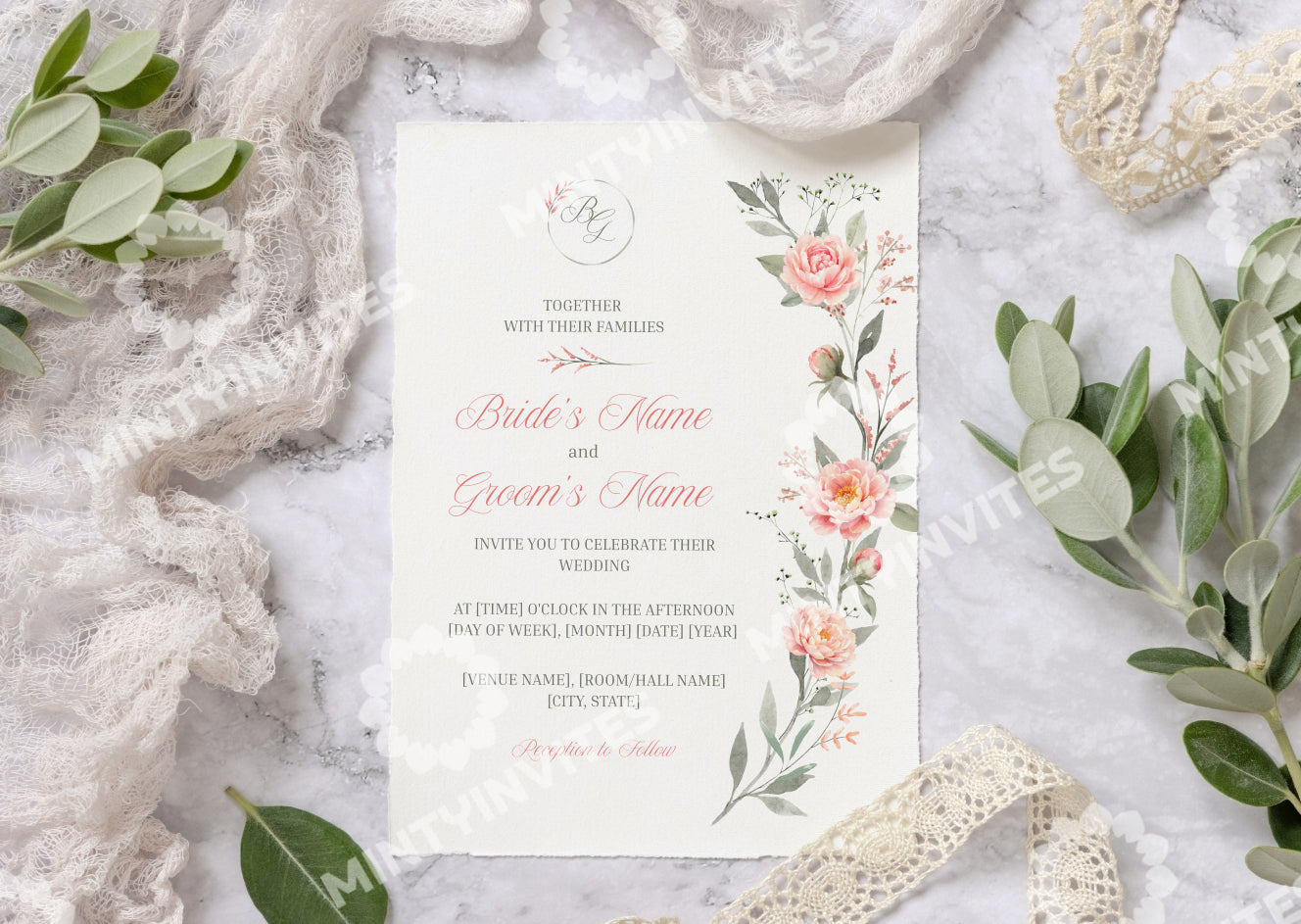 Peach Peony Wedding Invitation - Mintyinvites