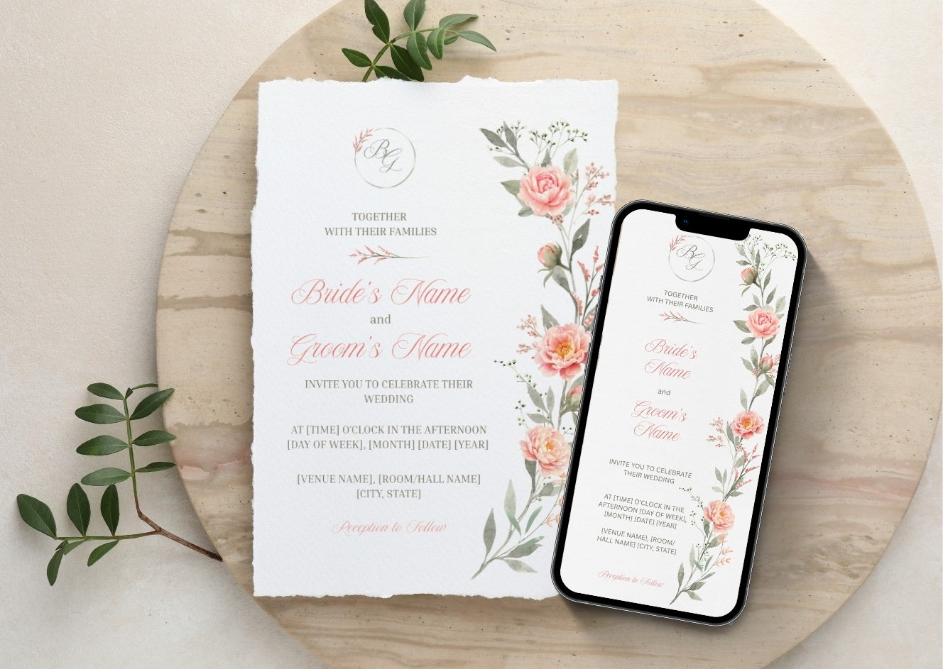 Peach Peony Wedding Invitation - Mintyinvites