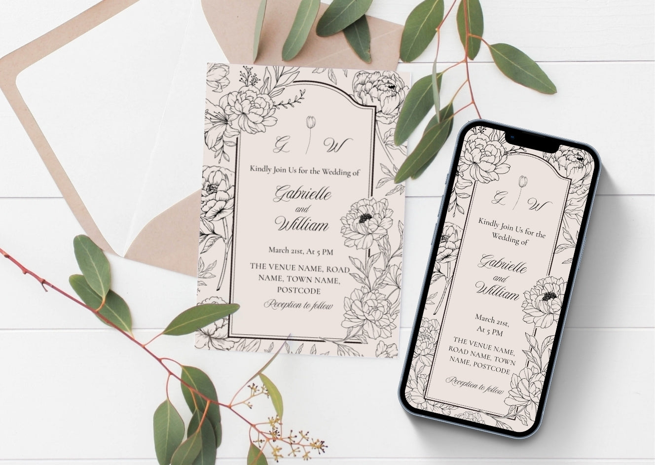 Peony Sketch Wedding Invitation - MintyInvites