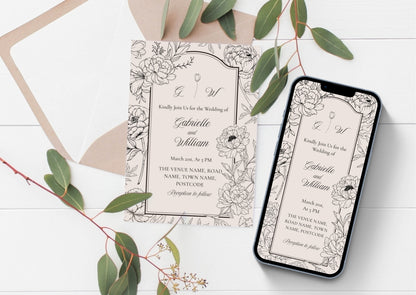 Peony Sketch Wedding Invitation - MintyInvites