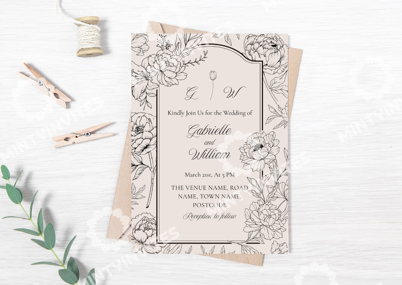 Peony Sketch Wedding Invitation - MintyInvites