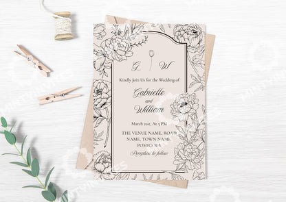 Peony Sketch Wedding Invitation - MintyInvites