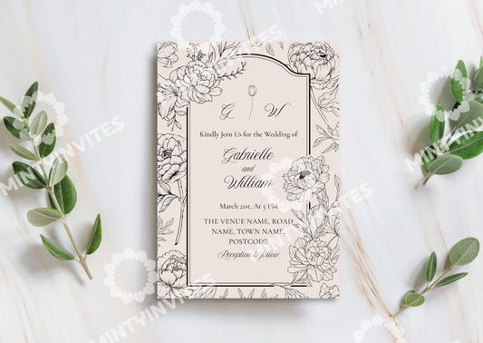 Peony Sketch Wedding Invitation - MintyInvites