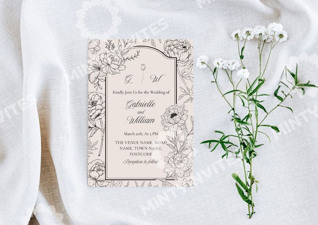 Peony Sketch Wedding Invitation - MintyInvites