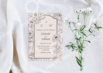 Peony Sketch Wedding Invitation - MintyInvites